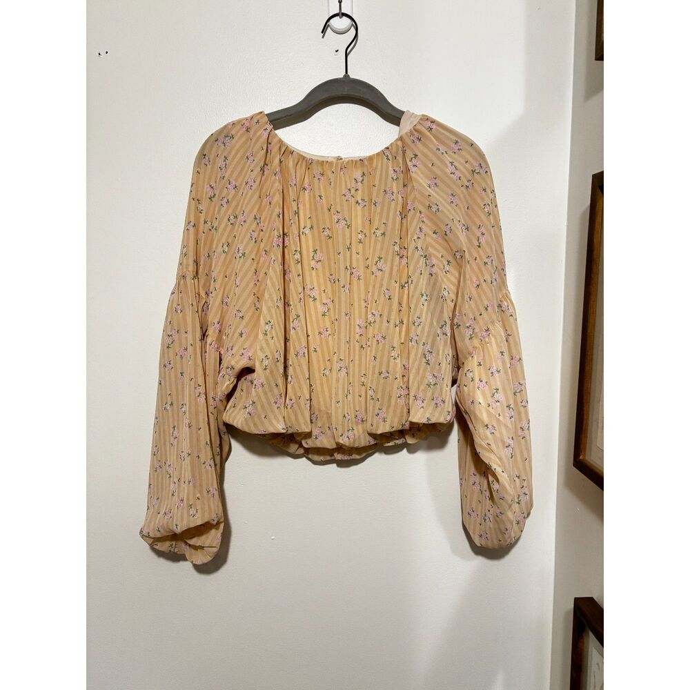 Gianni Bini Beige Floral Cropped Blouse Long‎ Sleeve S Romantic Cottagecore